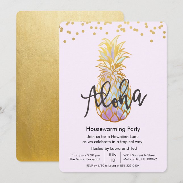 Inbjudan till Houseuppvärmning Aloha Luau Hawaiian (Fram/baksida)