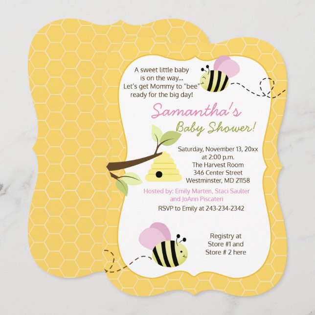 Inbjudan till humla Rosa Girl Baby Shower (Fram/baksida)