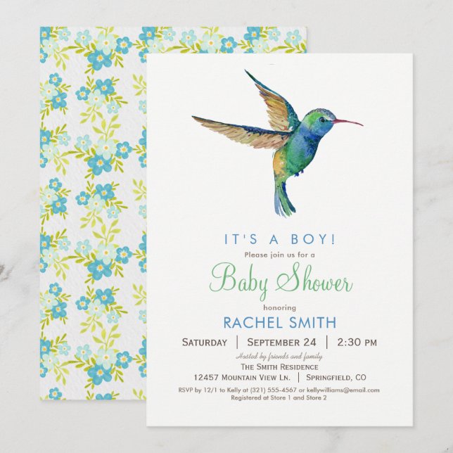 Inbjudan till Hummingbird Boy Baby Shower (Fram/baksida)