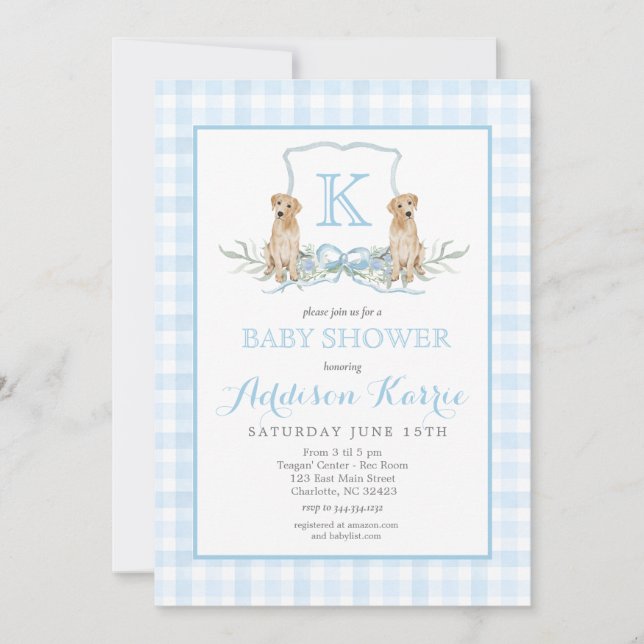 Inbjudan till Hund Gingham Vapensköld Baby Shower (Framsida)