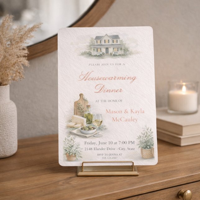 Inbjudan till husvärmningsmiddag (Warm housewarming dinner invite with blush tones, wine and cheese details, and soft greenery)