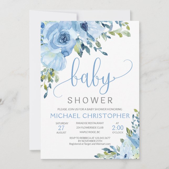 Inbjudan till Ice Blue Blommigt Boy Baby Shower (Framsida)