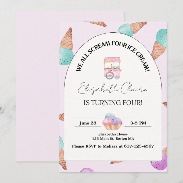 Inbjudan till Ice Cream 4e födelsedagen (Fram/baksida)