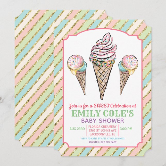 Inbjudan till Ice Cream Baby Shower (Fram/baksida)