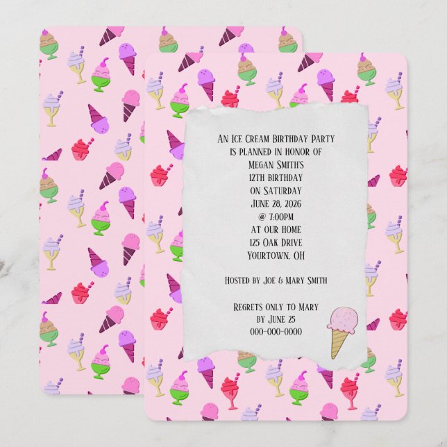 Inbjudan till Ice Cream-Födelsedagsfesten för ikon (Fram/baksida)