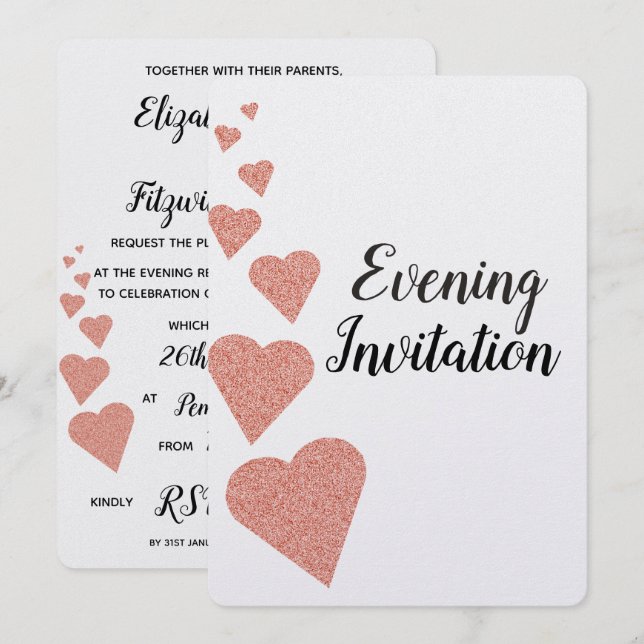 Inbjudan till inbjudan ro Guld Glitter Hearts kväl (Fram/baksida)