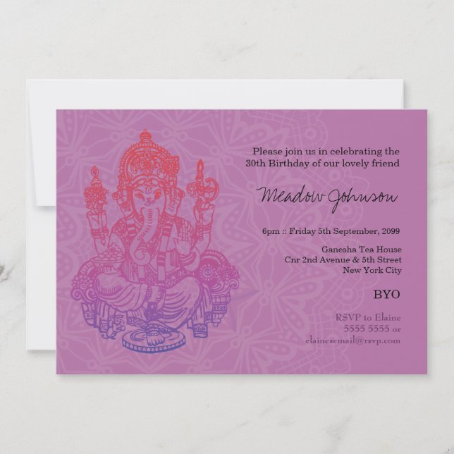 Inbjudan till Indiska Ganesh Lila Lilac Birthday (Framsida)