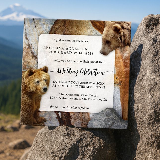 Inbjudan till industriellt Granite Bear Wedding (Industrial design wedding invitation featuring bears on a granite stone background)