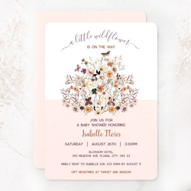 Inbjudan till invigning av Rosa Baby Shower Little (Little wildflower girl baby shower invitation)