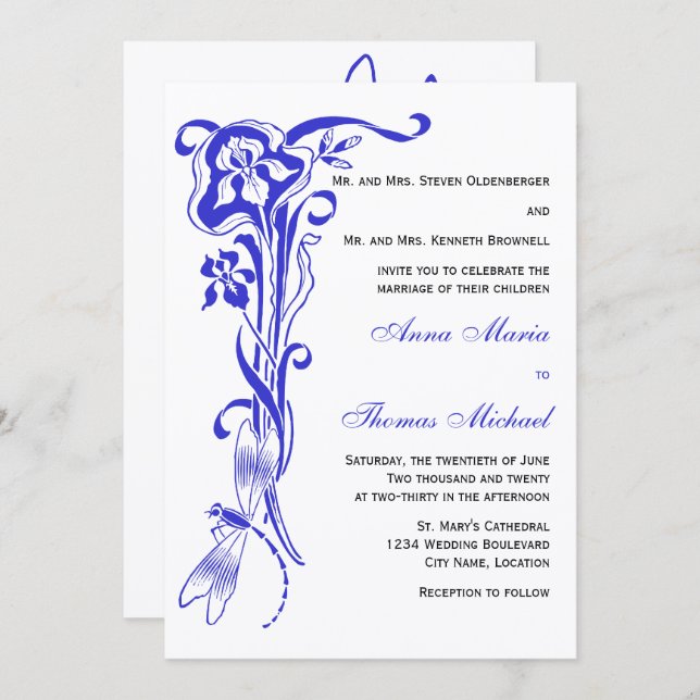 Inbjudan till Iris & Dragonfly Royal Blue Wedding (Fram/baksida)
