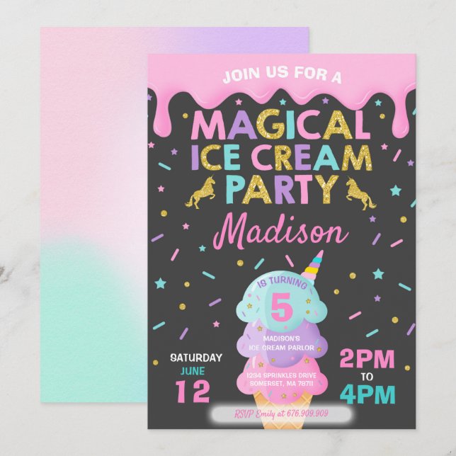 Inbjudan till Iskräm Unicorn Ice Cream Party (Fram/baksida)