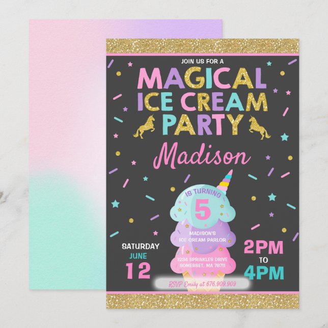 Inbjudan till Iskräm Unicorn Ice Cream Party (Fram/baksida)