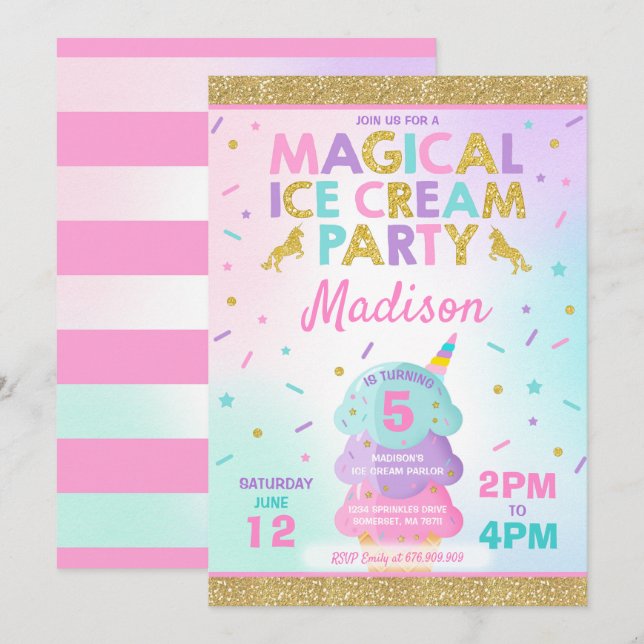 Inbjudan till Iskräm Unicorn Ice Cream Party (Fram/baksida)