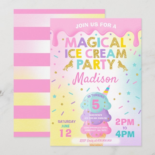 Inbjudan till Iskräm Unicorn Ice Cream Party (Fram/baksida)