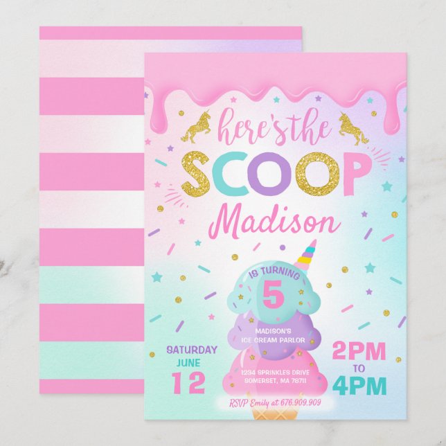 Inbjudan till Iskräm Unicorn Ice Cream Party (Fram/baksida)