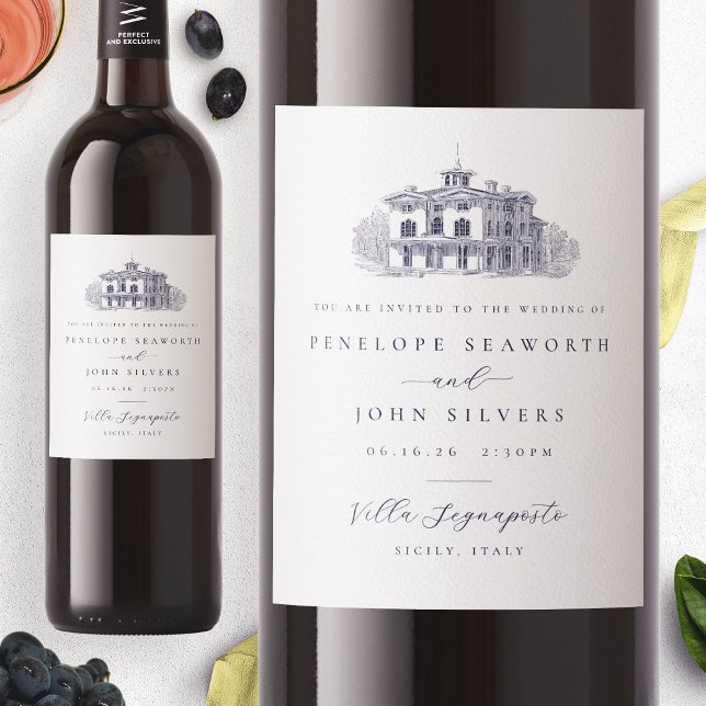 Inbjudan till italienska Villa Illustration-bröllo Vinflaska Etikett (Italian Villa Illustration Wedding Invitation Wine Label)