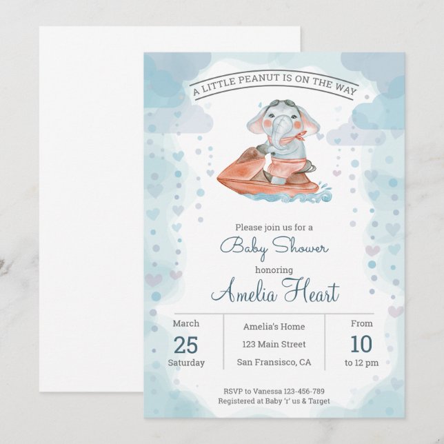 Inbjudan till Jet-skidelefant för babyskor (Fram/baksida)