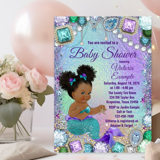 Inbjudan till Juel Sjöjungfru Afro Hair Baby Showe (Postcard baby shower invitation. You can add your return address to the back to save time.)