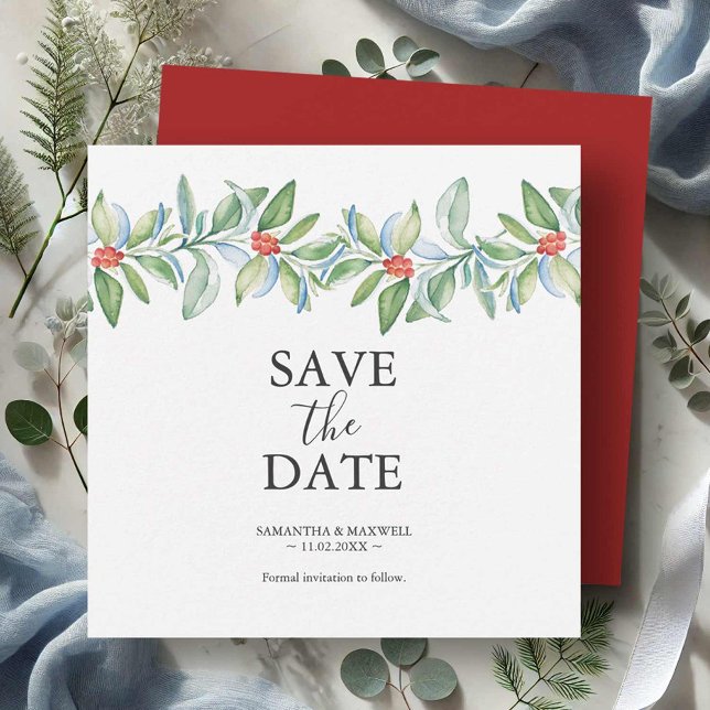 Inbjudan till jul i Bröllop spara datum (Christmas wedding save the date invitation card features watercolor art by Victoria Grigaliunas)