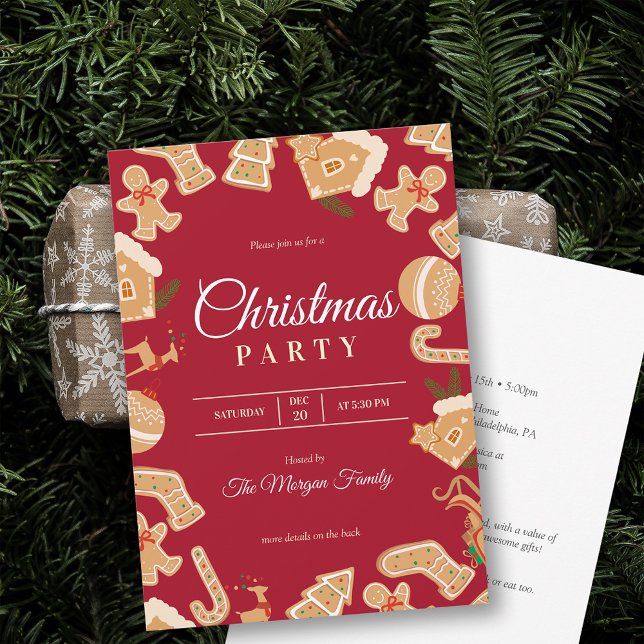 Inbjudan till Julfest av rödjulsbröd (Red Christmas Gingerbread Holiday Party Invitation)