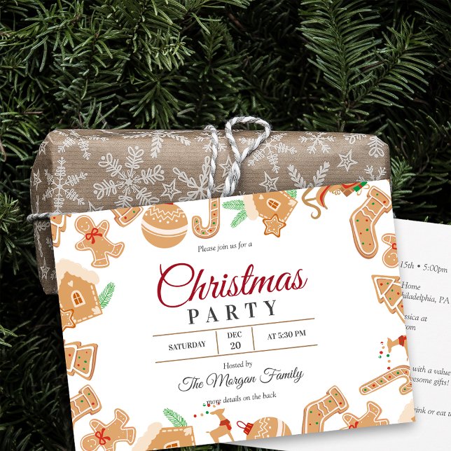 Inbjudan till Julfest av rödjulsbröd (Red and White Christmas Gingerbread Holiday Party Invitation)