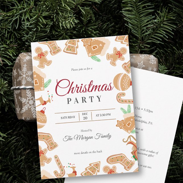 Inbjudan till Julfest av rödjulsbröd (Red and White Christmas Gingerbread Holiday Party Invitation)
