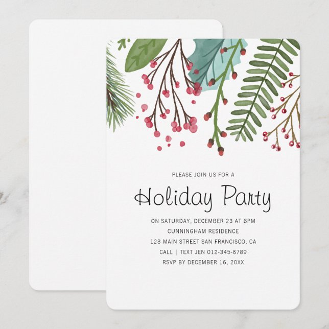 Inbjudan till Julfest av vattenfärgen Holly Foliag (Fram/baksida)