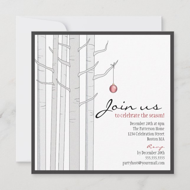 Inbjudan till Julfest Birch Träd & Red Ornament (Framsida)