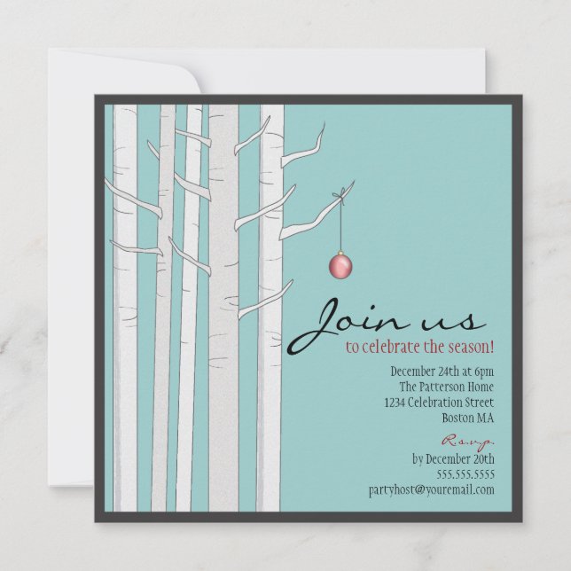 Inbjudan till Julfest Birch Träd & Red Ornament (Framsida)