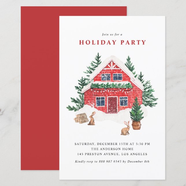 Inbjudan till Julfest för vattenfärgsröd färg (Fram/baksida)