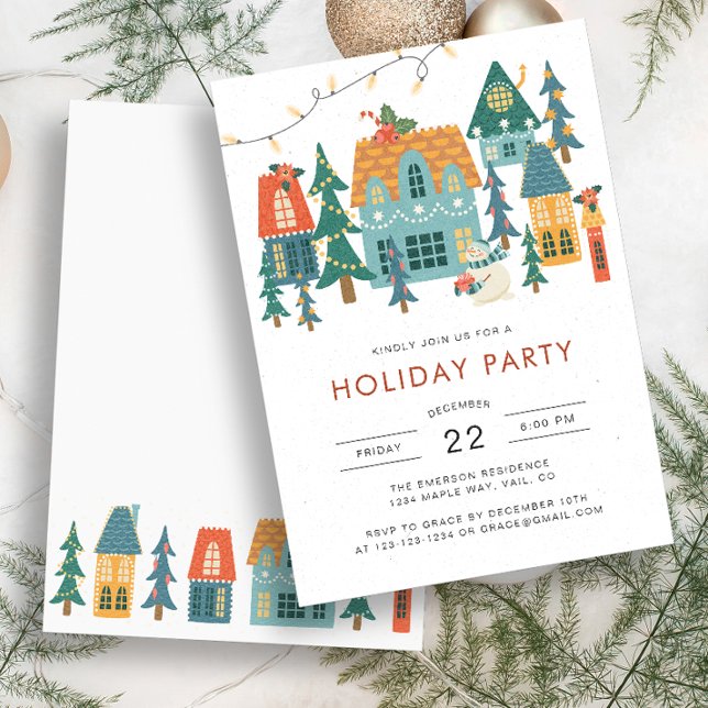 Inbjudan till Julfest i Retro-jul (Retro Holiday Houses Party Invitation by Painted Paperie)