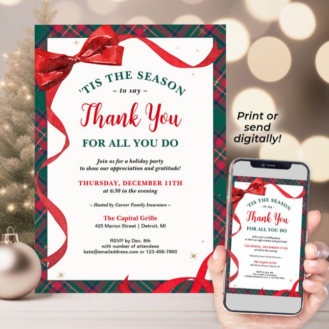 Inbjudan till Julfest - Tack Bow (Company Holiday Party invitation with a classic red bow and plaid, and a message of gratitude)