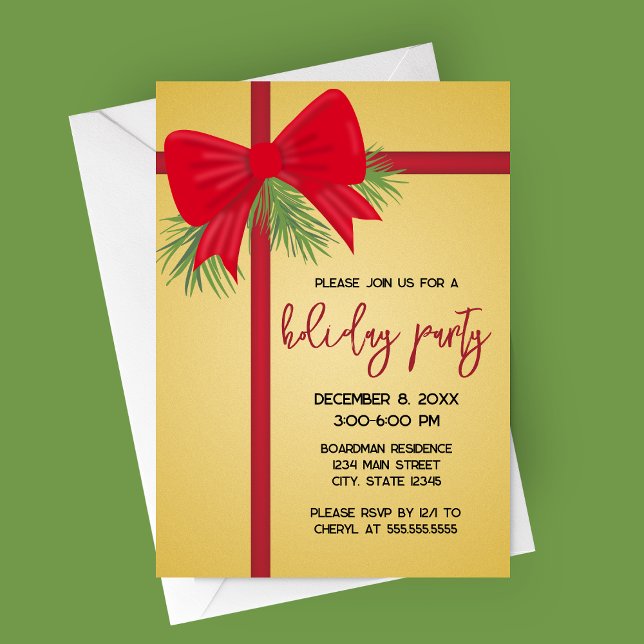 Inbjudan till Julfesten elegant Guld och Red Bow (Gift Wrapped Gold and Red Bow Holiday Party Invitation | Christmas Party Invitation)