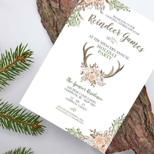 Inbjudan till Julfesten Reindeer Games (Add a touch of pink and rustic charm with this Cocktails, Cookies and Reindeer Games Holiday Invite)