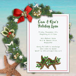 Inbjudan till Julfesten Sea Stars Beach<br><div class="desc">Starfish julfest-inbjudan till ett hem party. Två sjöstjärnor med löv och bär dekorerar grund i platta,  vita inbjudningar. Textmallar är mörk grönt med en tunn,  ljusröd linje gräns runt kortet. Omvänd är också ljusröd. Den här inbjudan finns också tillgänglig som en omedelbar nedladdning.</div>