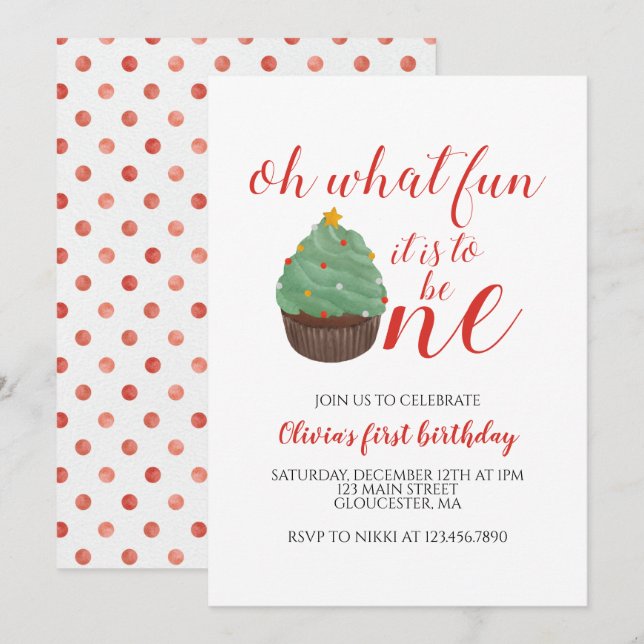 Inbjudan till julgran Cupkaka på födelsedagen (Fram/baksida)
