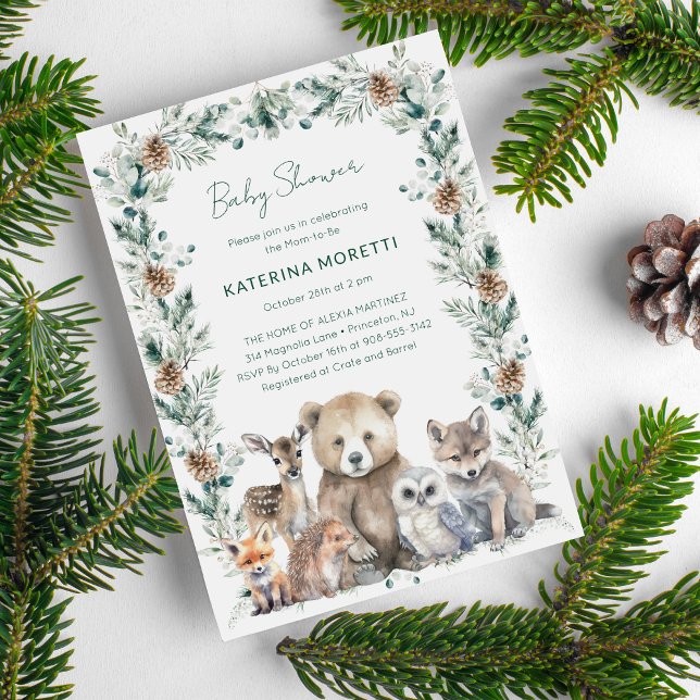 Inbjudan till juveler för spädbarnshuggare för trä (This cute woodland animals baby shower invitations has a rustic feel but a clean modern aesthetic.)