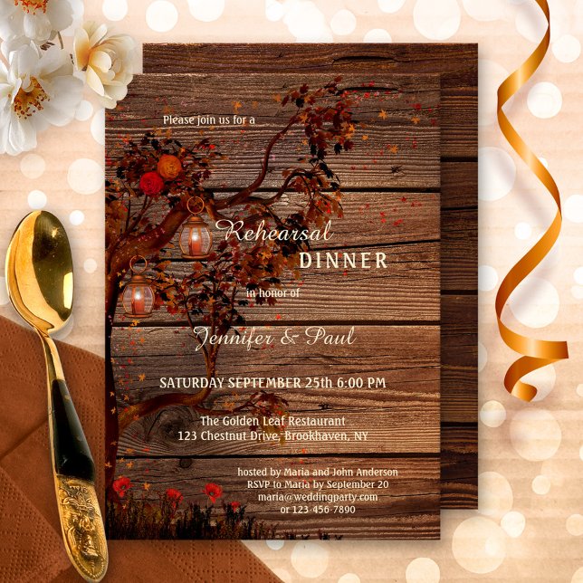 Inbjudan till kallelse till kallvattenmiddag för L (Rehearsal Dinner invitation featuring an autumn tree with colorful leaves, roses and festive lantern)