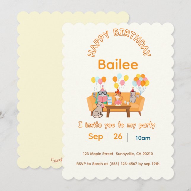 Inbjudan till katter från grattis på födelsedagen (Fram/baksida)