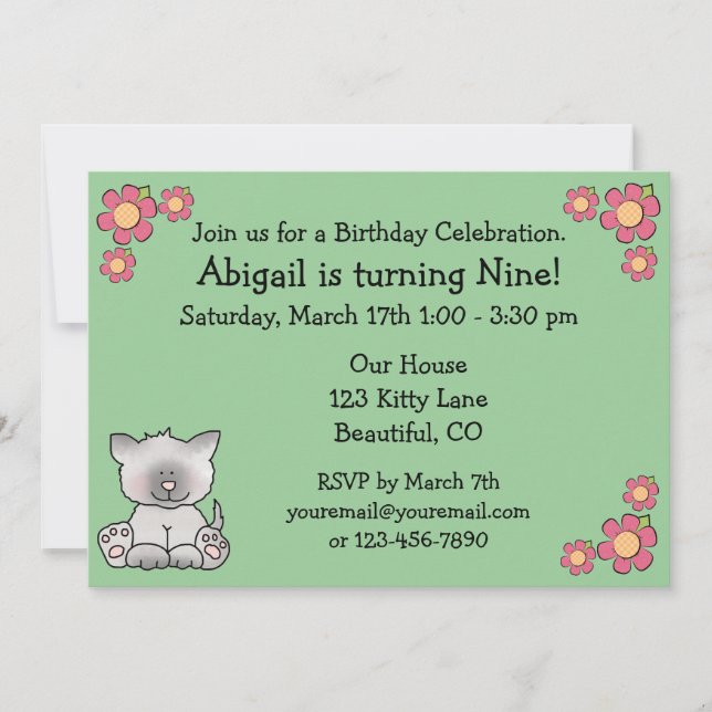 Inbjudan till kattunge på födelsedagen för flickor (Framsida)