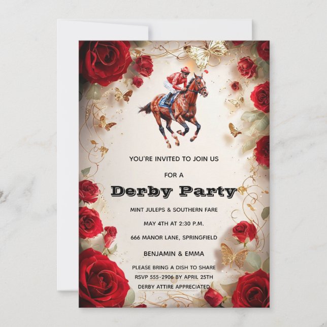 Inbjudan till Kentucky Derby-fest Röda rosor Häst  (Framsida)