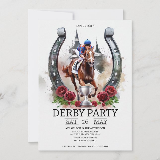 Inbjudan till Kentucky Derbyfest vattenfärg hästar (Framsida)