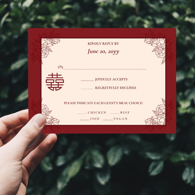 Inbjudan till kinesisk Bröllop OSA för elegant Blo (Elegant Floral Chinese Wedding RSVP Invitation)