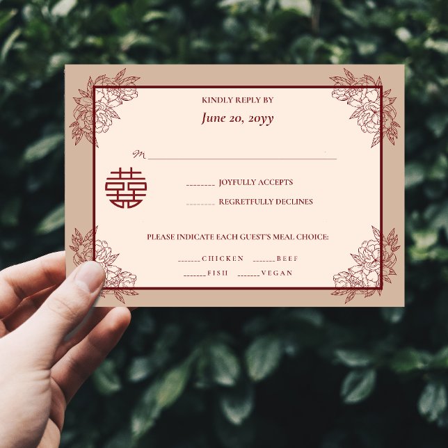 Inbjudan till kinesisk Bröllop OSA för elegant Blo (Elegant Floral Chinese Wedding RSVP Invitation)