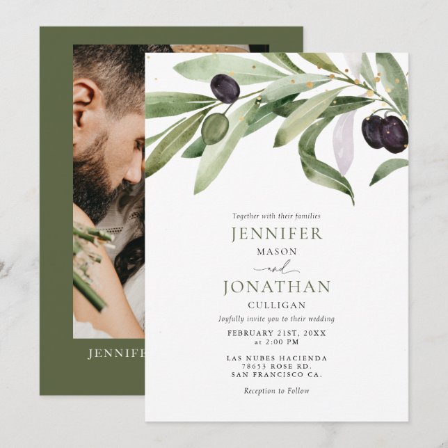 Inbjudan till klassiskt Olive Gren Garden Wedding (Fram/baksida)
