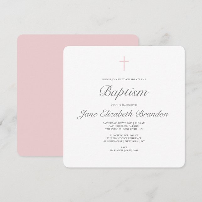 Inbjudan till klassiskt Rosa kor-baptism (Fram/baksida)