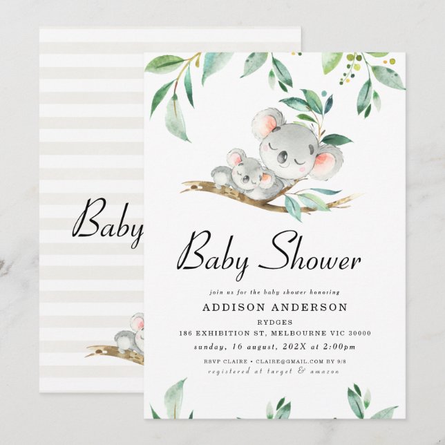 Inbjudan till Koala Bear and Foliage Baby Shower (Fram/baksida)