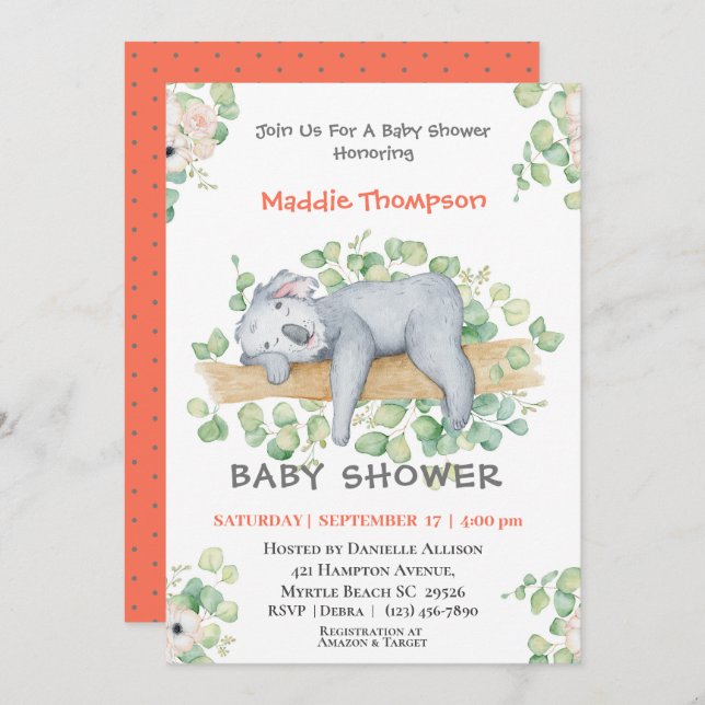 Inbjudan till Koala Jungle Baby Shower (Fram/baksida)