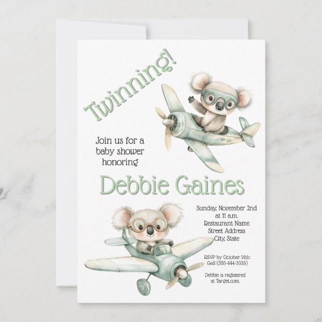 Inbjudan till Koala Twin Baby Shower | Kön Neutral (Framsida)