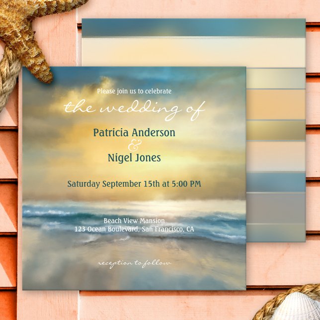 Inbjudan till konstmålat Kusten Beach-bröllop (Artistic wedding invitation featuring an original fine art painting of a sunset at the beach)